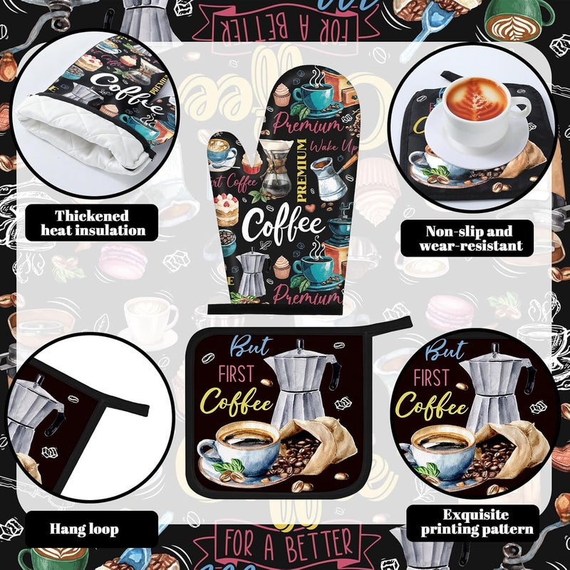 Fourluoo 10 Pcs Coffee Kitchen Decor Set Coffee Kitchen Dish Towels Oven Mitts and Pot Holders Farmhouse Rugs Mats Vintage Black Potholders for Chef Baking Cooking Grilling BBQ Women Accessories Gift - Image 5